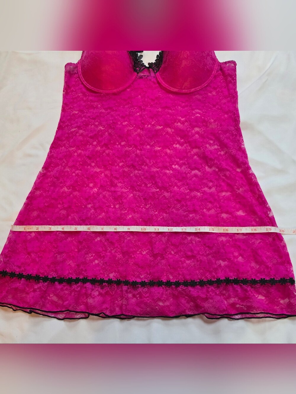 Hot Pink Lace Babydoll Chemise Lingerie Black Trim Padded Cups Adjustable Straps - Picture 8 of 9